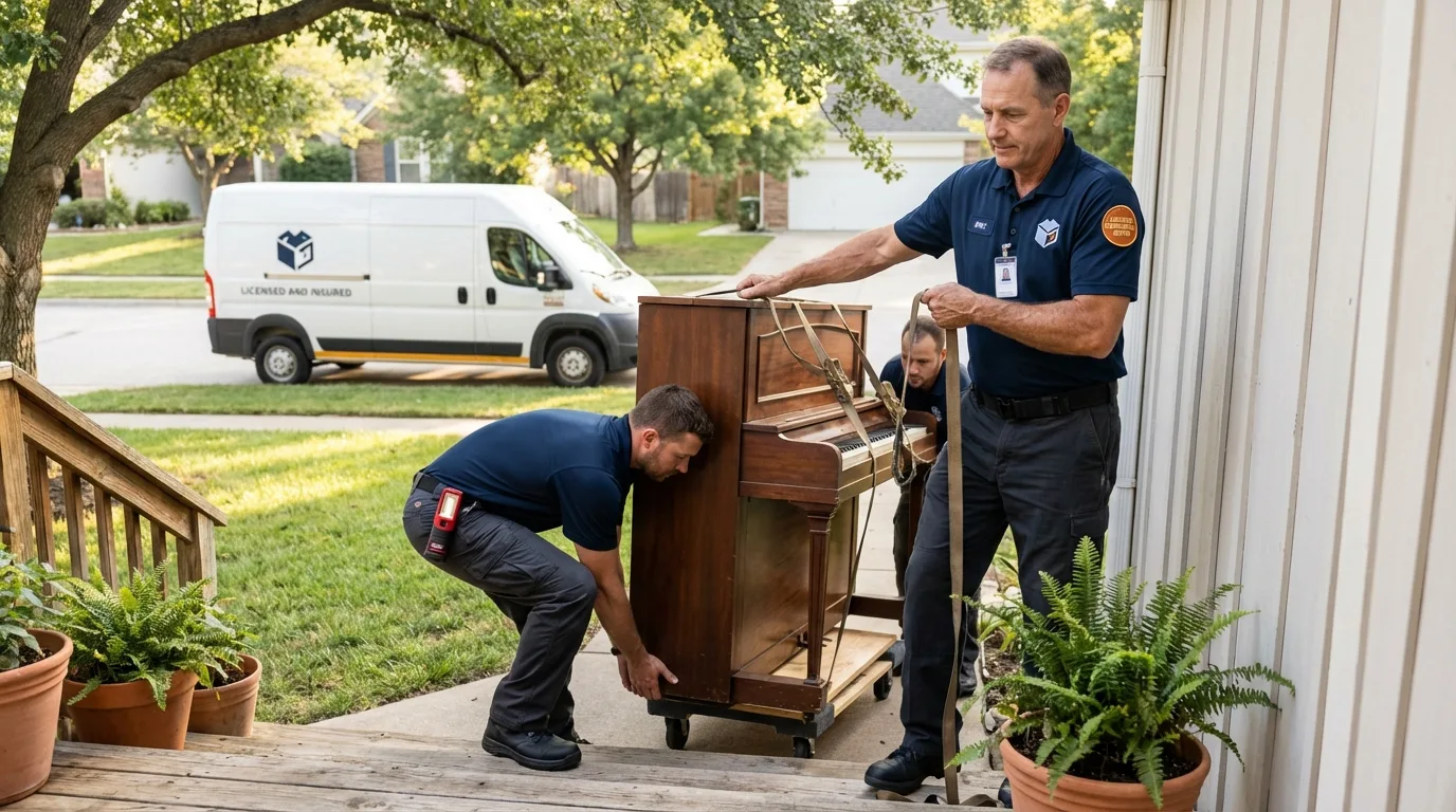 Licensed piano movers securing grand piano in Gardner, IL
