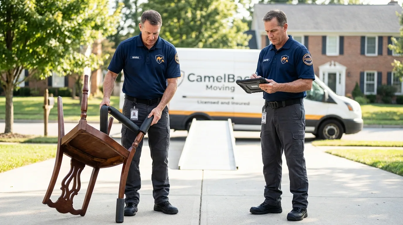 Movers inspecting furniture for damage prevention before loading in Gardner, IL